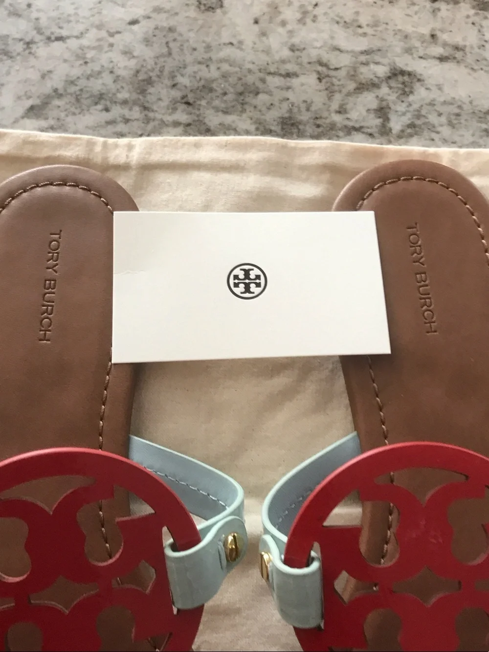 Tory Burch Red Medallion Light Blue Strap Brown Footbed Sandals